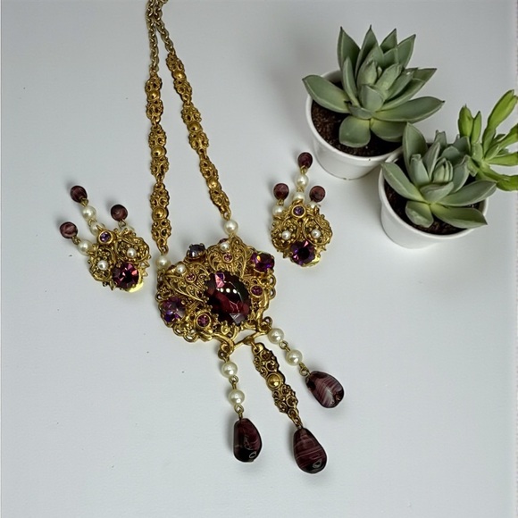 Vintage W Germany Purple Glass Filigree Necklace Earrings Set Parure - Picture 3 of 17